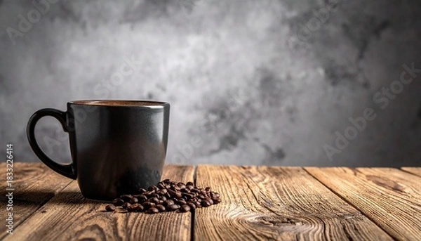 Obraz Black Ceramic Coffee Mug with Beans on Rustic Wooden Surface Against Smoky Gray Background in Cozy Close-Up