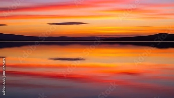Fototapeta Fiery Sunsets Perfect Mirror on a Serene Lake with Mountain Silhouettes.