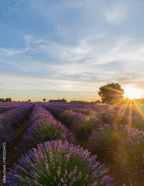 Obraz Beautiful Lavender Field Under Blue Sky with Sunset Rays