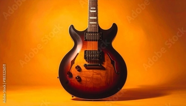 Obraz Electric Guitar with Glossy Wood Finish and Dual Humbuckers Against Warm Orange Background in Musical Close-Up