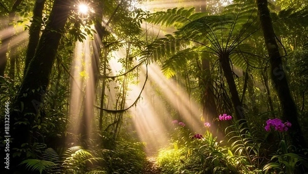 Fototapeta Enchanting Rainforest Path Bathed in Golden Sunbeams Illuminating Lush Greenery and Vibrant Purple Orchids.