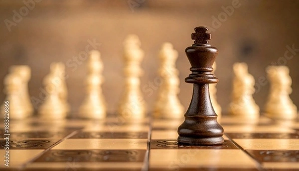 Obraz Black King Surrounded by White Chess Pieces on Chessboard in Strategic Close-Up Composition