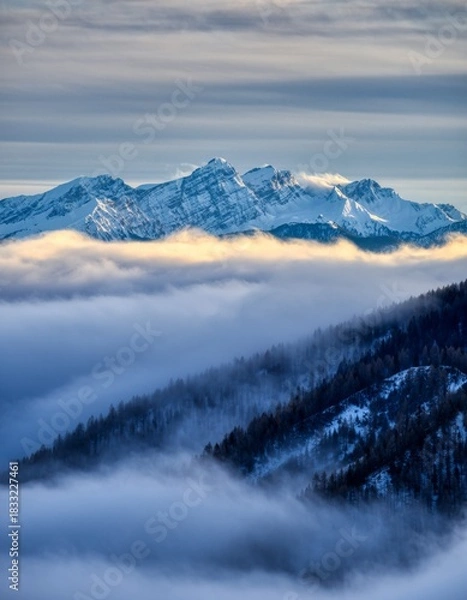 Obraz Majestic Snow-Capped Mountains Above Shrouded Fog and Clouds