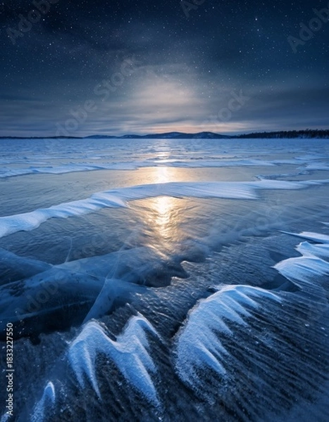 Obraz Moonlit Winter Landscape with Ice and Snow Covered Lake