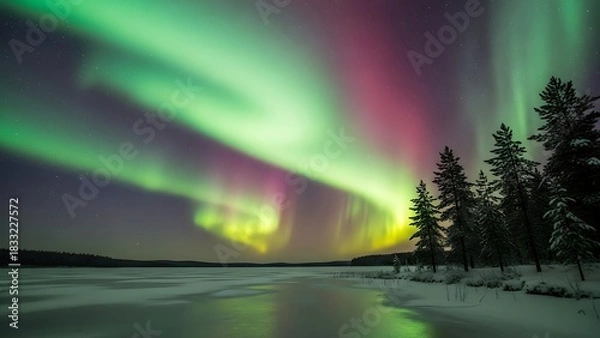 Fototapeta Cosmic Ribbons of Green and Magenta Aurora Reflected on a Frozen Arctic Lake.