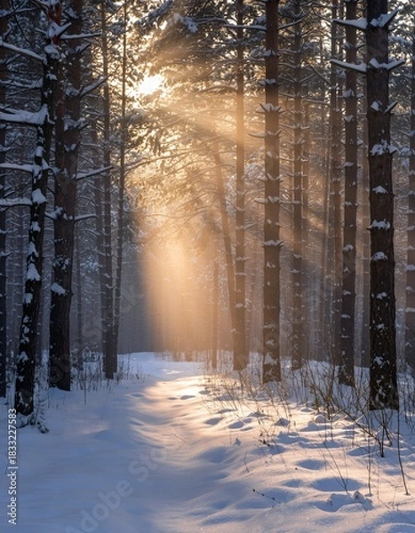 Obraz Serene Winter Forest with Sunbeams Through Trees and Snow