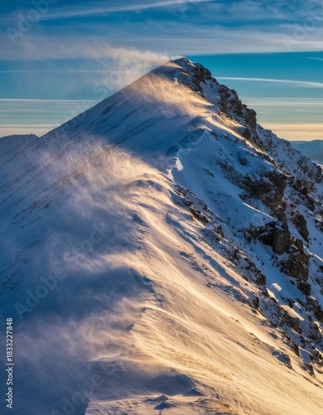 Obraz Majestic Snow-Capped Mountain Peak with High Winds and Sunlight