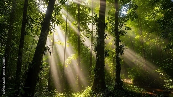 Fototapeta Sunlit Rainforest: Dramatic Beams of Light Through Lush Green Canopy.