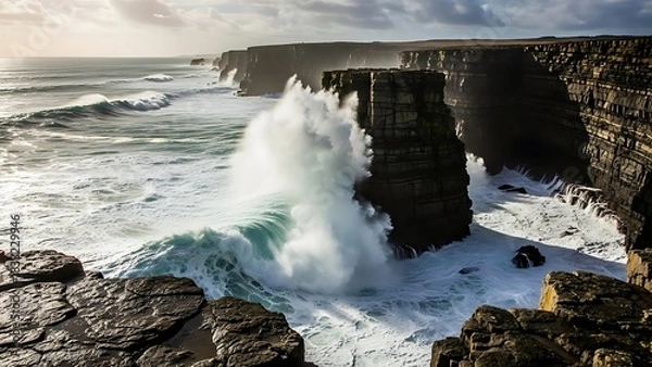 Fototapeta Spectacular Atlantic Wave Explodes Against Rugged Sea Stack Dramatic Cliffs Wild Coastline.
