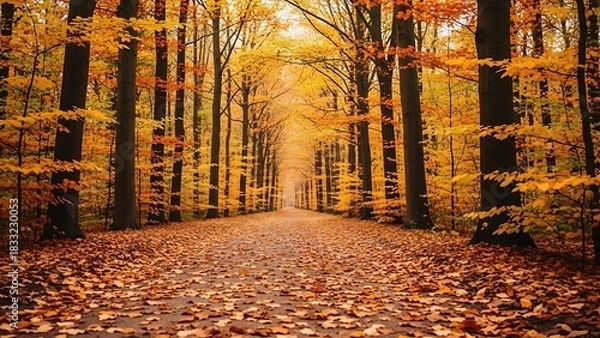 Fototapeta A Serene Symmetrical Path Through a Golden Autumn Forest Tunnel.
