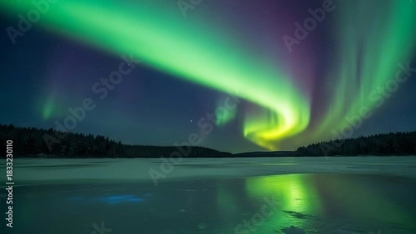 Fototapeta Vibrant Green Aurora Borealis Dancing Over Frozen Lake at Night.