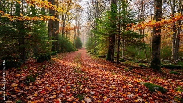 Fototapeta Vibrant Autumn Forest Path with Golden Leaves Mossy Rocks and Misty Horizon.