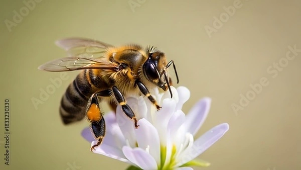 Fototapeta Detailed Macro: Honey Bee with Golden Pollen Basket on White Clover Flower Soft Light Essential Pollinator.