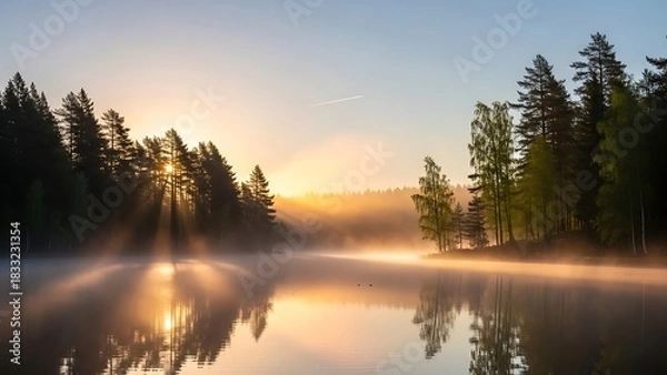 Fototapeta Ethereal Golden Sun Rays Through Misty Forest Lake at Dawn Reflecting Tranquil Waters.