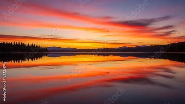 Fototapeta Fiery Sunset Reflection on Calm Lake with Silhouetted Trees and Distant Mountains.