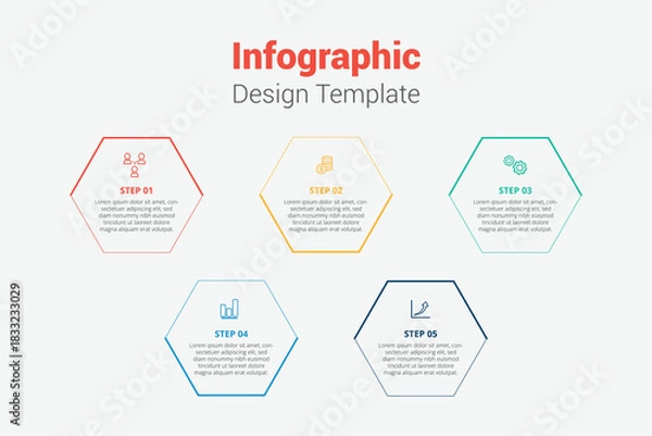 Obraz Hexagonal infographic design template with five steps and icons for presentation