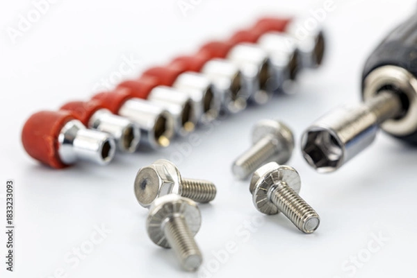 Obraz Close-up of silver metal screws with a socket wrench attachment and a row of socket bits with red holders on a white background