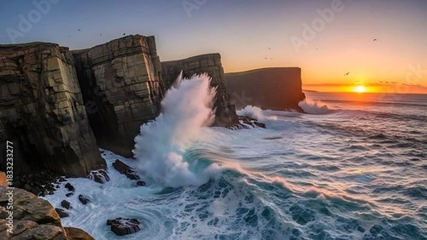 Fototapeta Dramatic Coastal Sunset: Crashing Waves Against Rugged Cliffs Birds Flying.