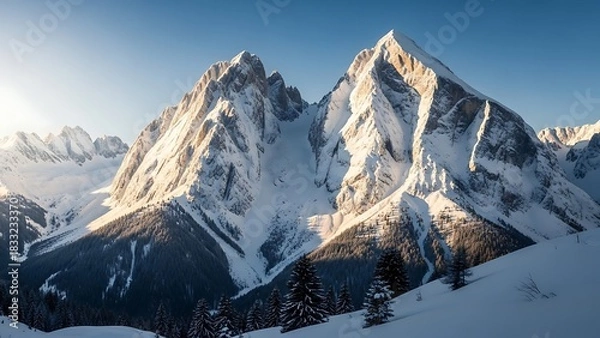 Fototapeta Golden Light on Majestic Snow-Capped Alpine Peaks and Pine Forests Dramatic Winter Mountain Landscape.