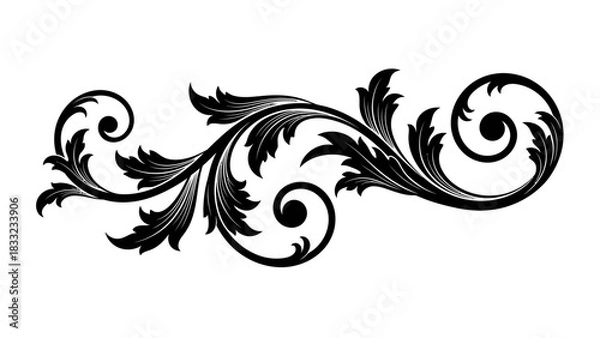 Obraz A black ornamental flourish with swirling leaves and curls on a white background.