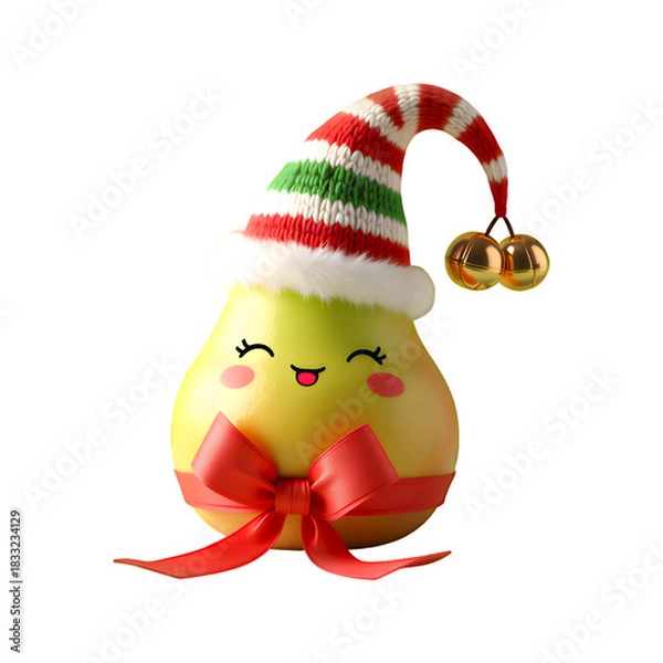 Fototapeta Cute christmas pear character with elf hat, jingle bells, and red ribbon bow isolated on a transparent background