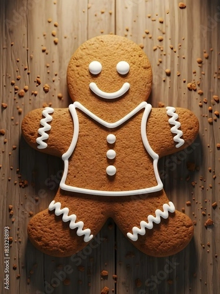 Fototapeta Smiling gingerbread man cookie with icing on wooden background.