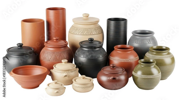 Fototapeta Collection of antique pottery jars and vessels isolated on transparent background