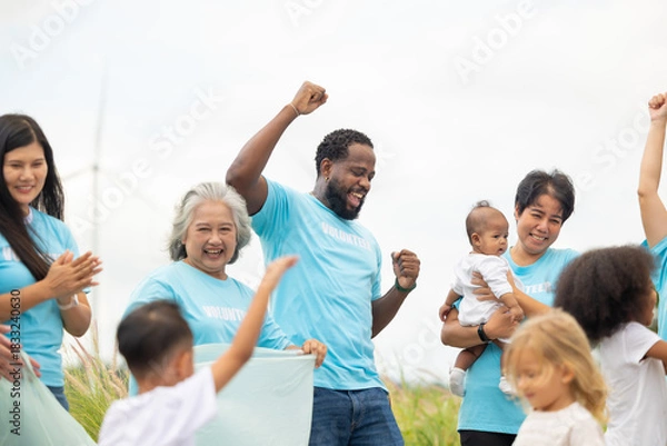 Obraz Teamwork meeting, volunteer charity people. charity community service event, ngo business and outreach, Group Diverse people meeting at park for donation