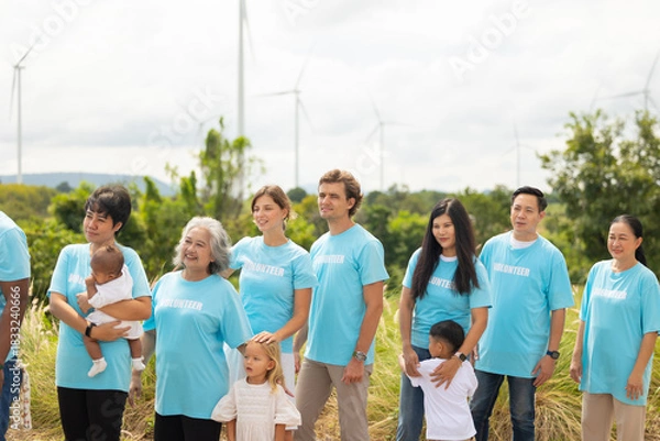 Fototapeta Teamwork meeting, volunteer charity people. charity community service event, ngo business and outreach, Group Diverse people meeting at park for donation