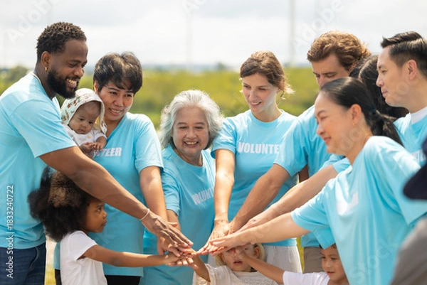Fototapeta volunteer Community unity through diverse hands coming together. volunteer charity people. charity community service event, ngo business and outreach, Group Diverse people meeting at park for donation