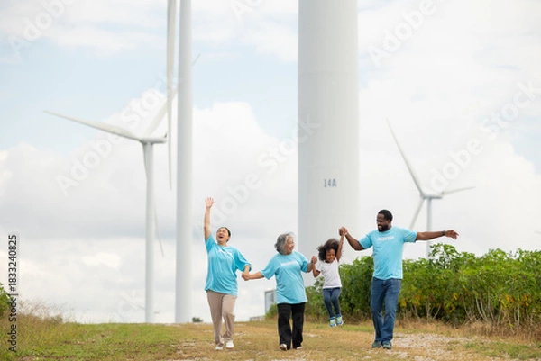 Obraz Volunteers are walking behind a windmill farm, volunteer charity people. charity community service event, ngo business and outreach, Group Diverse people meeting at park for donation