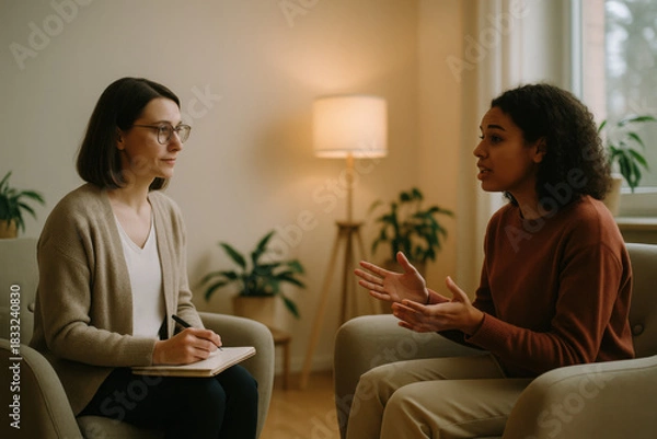 Fototapeta Empathetic therapist listens attentively as client shares feelings, providing support and guidance in a warm, inviting office setting for mental wellness