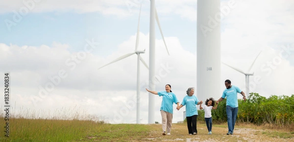 Obraz Volunteers are walking behind a windmill farm, volunteer charity people. charity community service event, ngo business and outreach, Group Diverse people meeting at park for donation