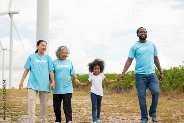 Obraz Volunteers are walking behind a windmill farm, volunteer charity people. charity community service event, ngo business and outreach, Group Diverse people meeting at park for donation