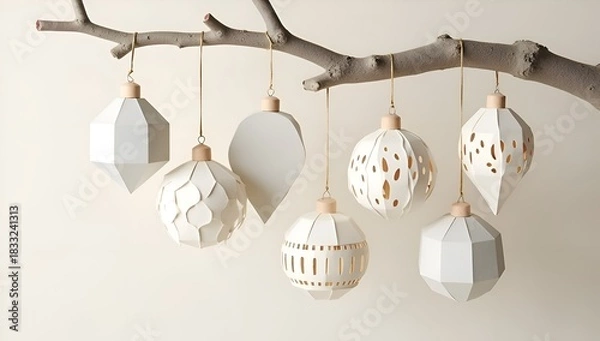 Fototapeta Elegant handmade paper ornaments in assorted geometric shapes hanging from a branch.