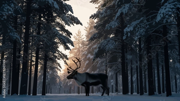 Fototapeta Majestic reindeer standing tall in a snowy winter forest at sunset, creating a serene and magical Christmas holiday mood with beautiful light