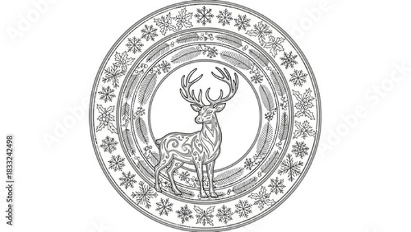 Fototapeta Elegant Christmas deer drawing with snowflakes and evergreen branches, perfect for holiday cards and winter designs, adding a touch of seasonal charm