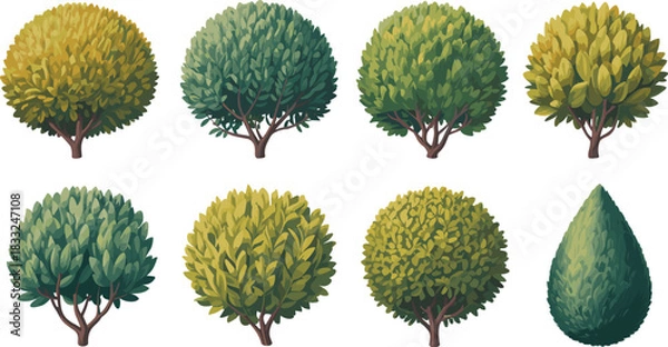 Fototapeta Stylized tree collection with varied foliage shapes and seasonal tones for nature-themed design, animation, and educational illustration.