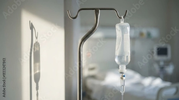 Fototapeta Medical IV drip bag hanging from stand in hospital room