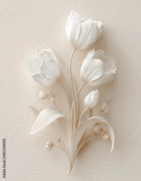Obraz Elegant beige floral composition with detailed white tulip petals and soft minimal botanical design on neutral background
