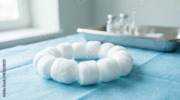 Fototapeta Medical cotton balls arranged in circle on blue cloth