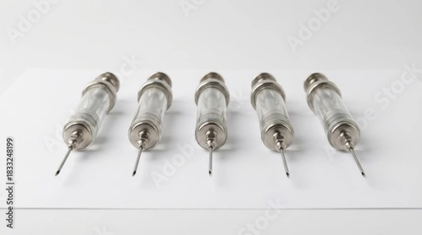 Fototapeta Five vintage glass syringes with needles displayed in a row