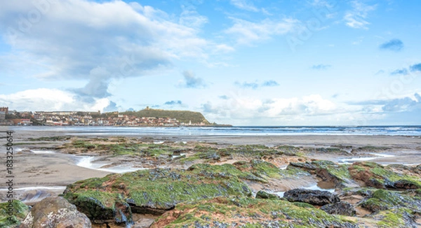 Fototapeta Panorama of a seaside beach with a town surmounted by a hill and a castle are in the far distance. Rocks covered by seaweed are in the foreground and a sky with cloud is above.