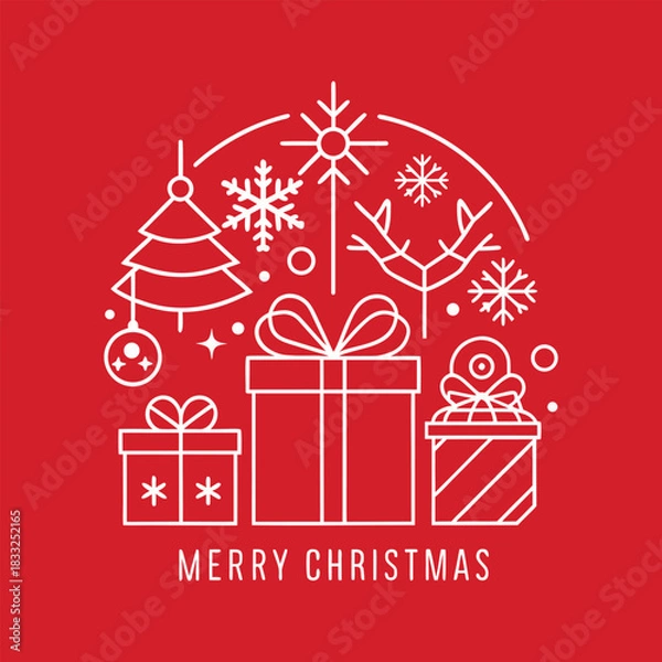 Fototapeta A festive Christmas illustration featuring a collection of holiday icons like gift boxes, a tree, and snowflakes in a modern line art design