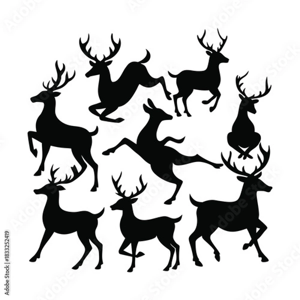 Fototapeta A dynamic collection of nine black stag silhouettes in various active and graceful poses. This isolated vector graphic set is perfect for wildlife or seasonal designs