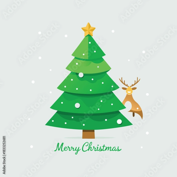 Fototapeta This charming holiday illustration features a decorated green Christmas tree and a cute reindeer peeking out from behind it under gentle snowfall