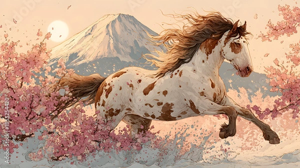Fototapeta 令和8年 2026年　馬と富士山と桜の幻想的な年賀状イラスト