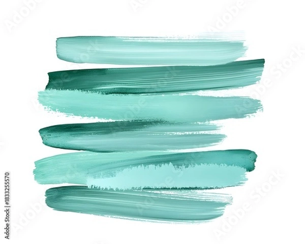 Fototapeta Abstract horizontal strokes of variegated teal paint are layered across a white background