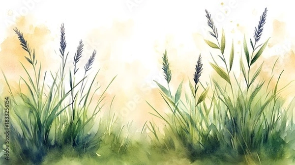 Fototapeta Watercolor illustration depicts tall blades of grass with flowering tops against a soft, luminous background.