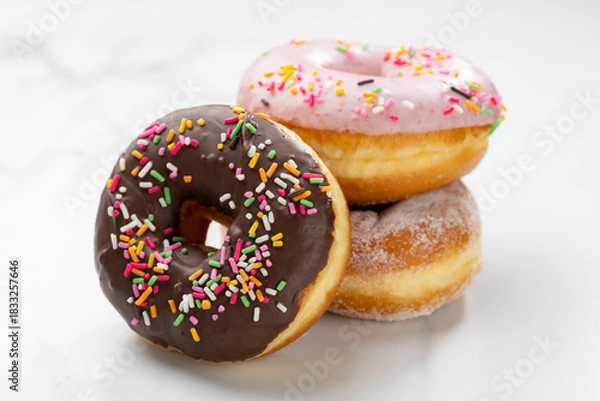 Fototapeta カラフルなトッピングが映える積み重ねた三種のドーナツ